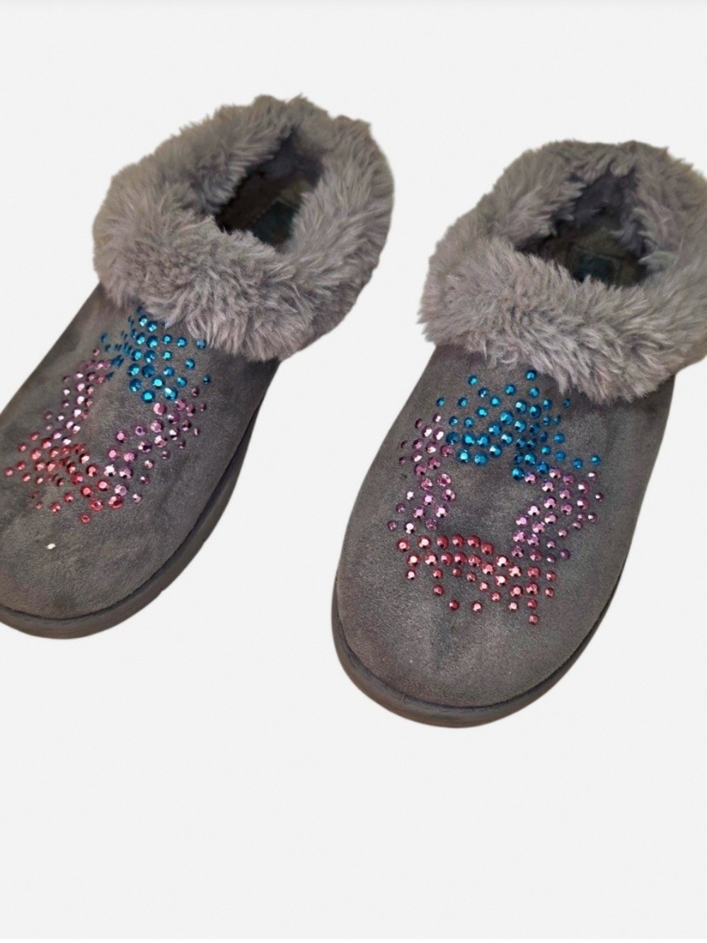 Skechers Kids Gray Faux-Fur Slip-On Slippers with Pink & Blue Accents
